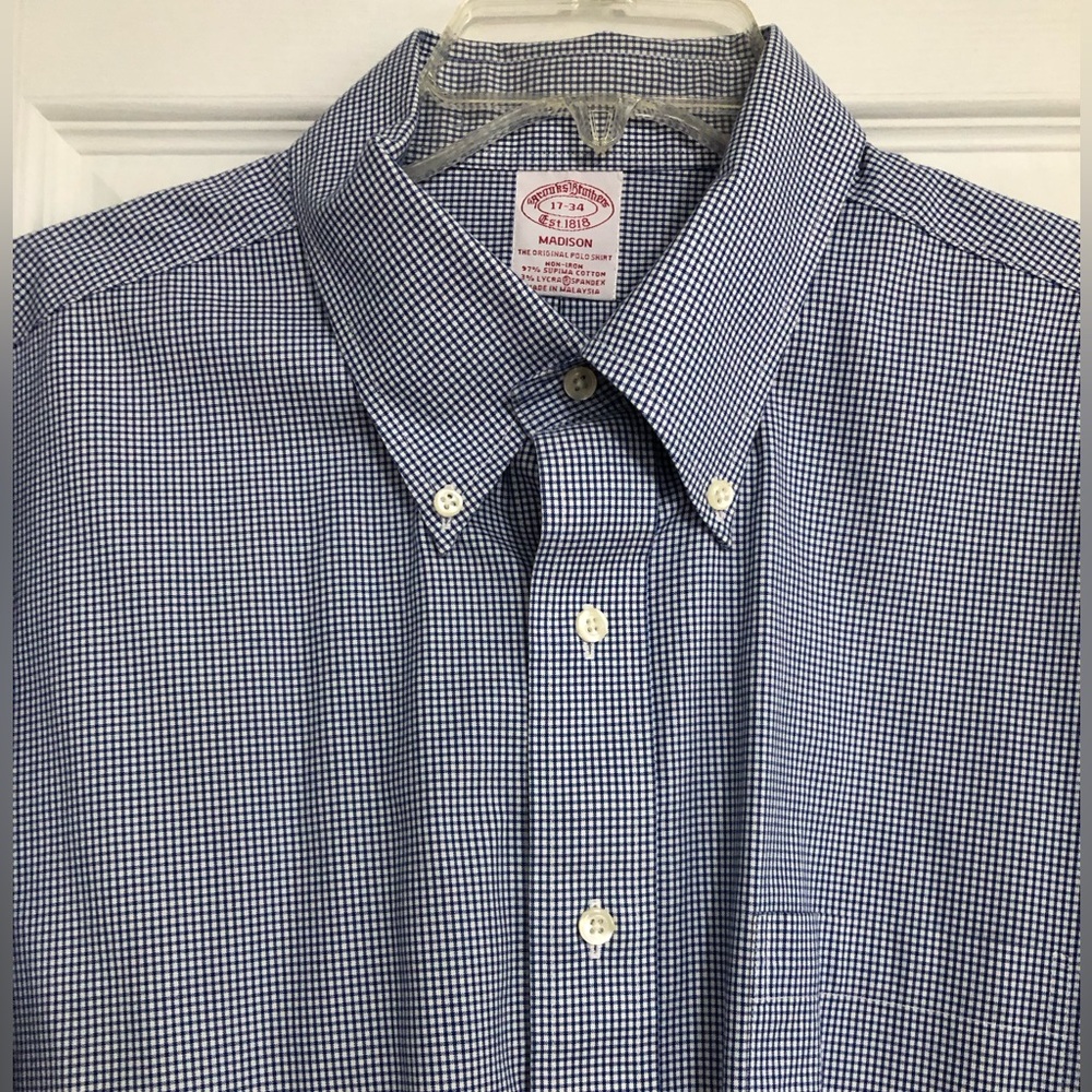 Brooks brothers Madison Mens blue White Microcheck Button-Down Shirt‎ size 17 34